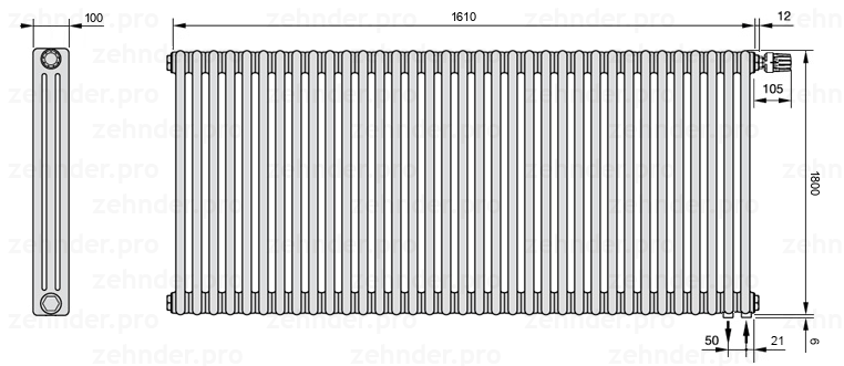 Схема (чертеж) Радиатор Zehnder Charleston 3180/35 №V002 Белый глянцевый RAL 9016
